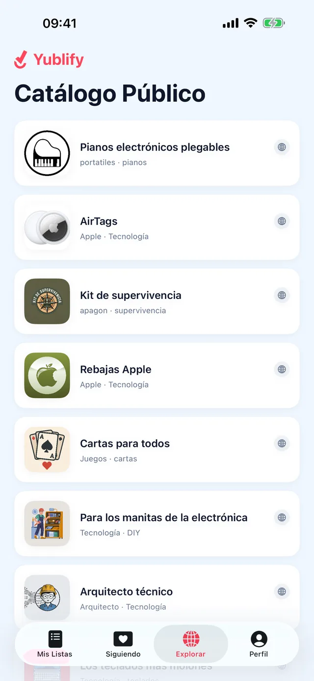 Pantalla Explorar de la app Yublify para iPhone