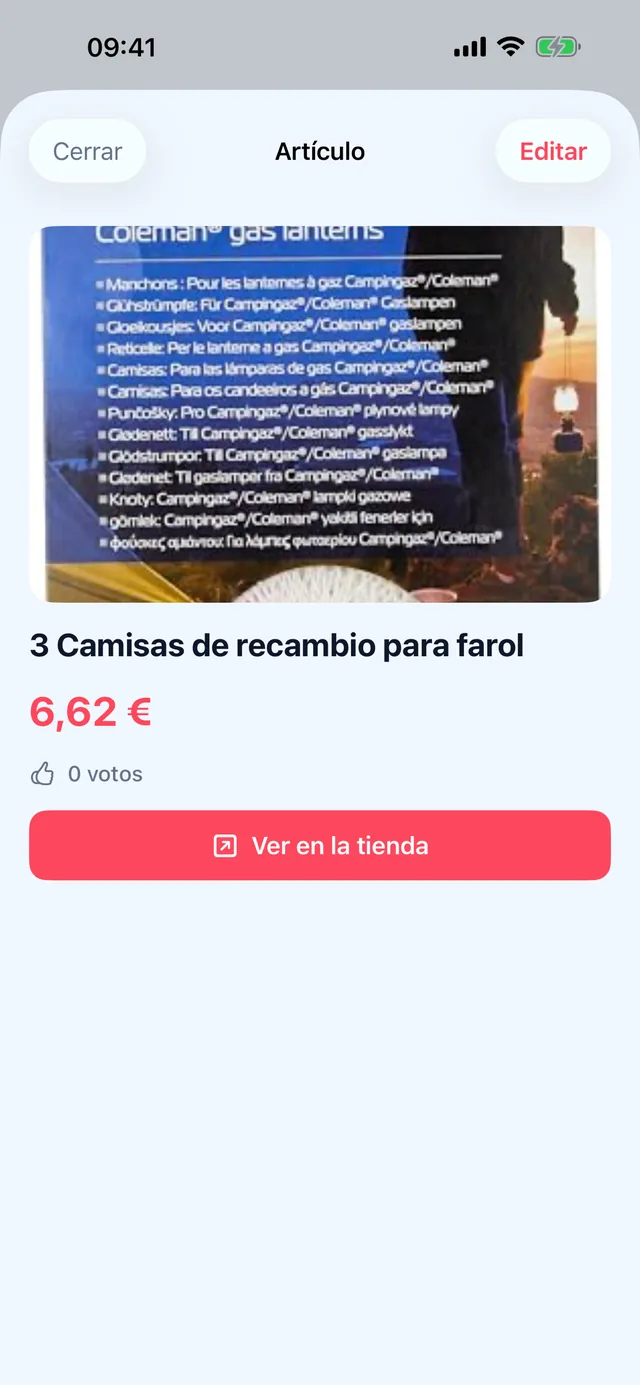 Ficha de producto en la app Yublify para iPhone