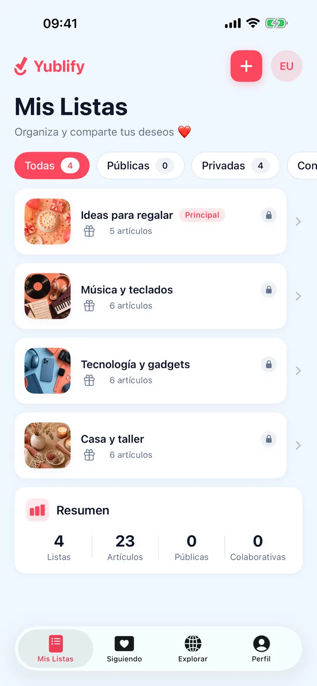 Pantalla Mis listas de la app Yublify para iPhone