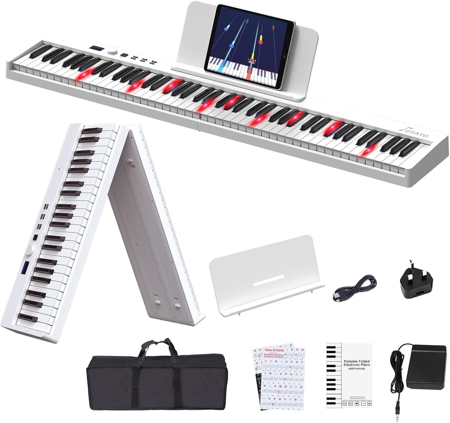 OYAYO Teclado de piano plegable de 88 teclas, teclado portátil semipesado de tamaño completo, compatible con teclas iluminadas MIDI, teclado digital con calcomanías de piano, pedal de sostenimiento