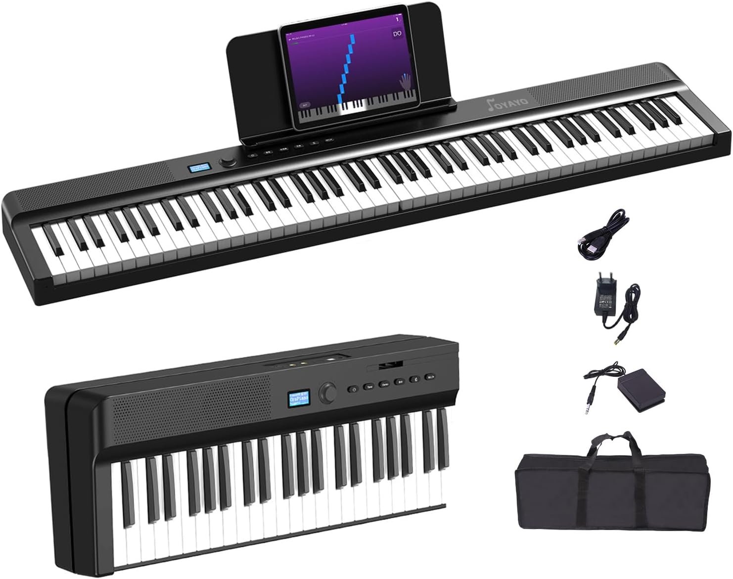 OYAYO Piano plegable mejorado de 88 teclas, teclado semiponderado de tamaño completo compatible con MIDI, teclado plegable portátil Bluetooth con pedal de sostenido y bolsillo para piano, atril